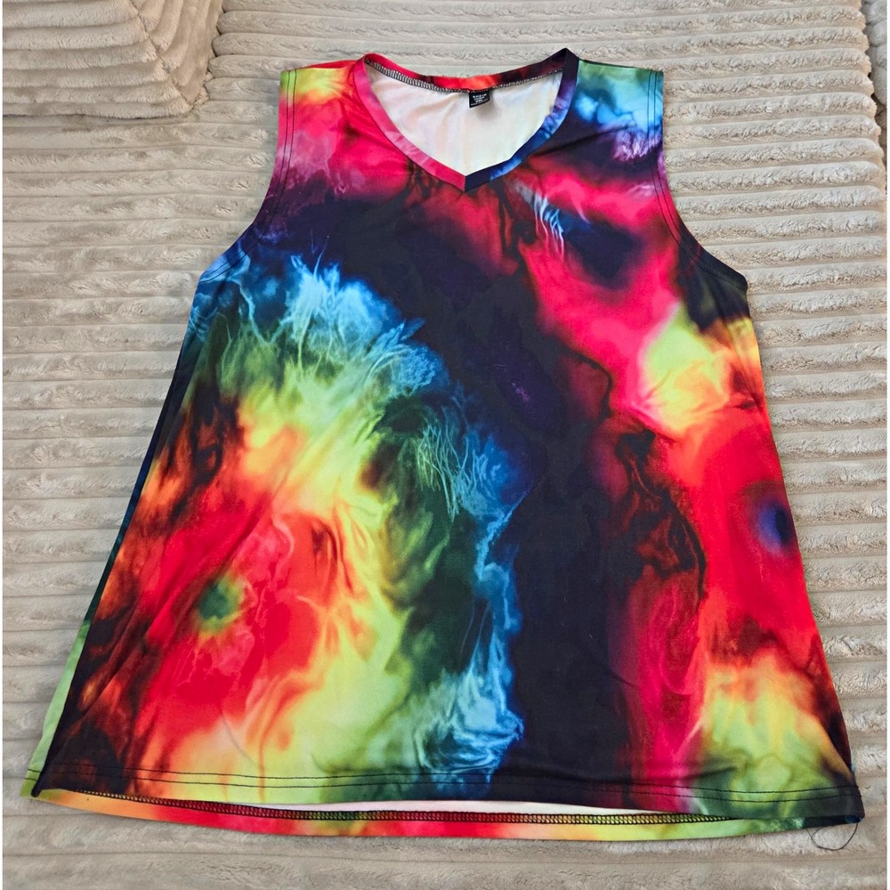 SHEIN Curve Tie Dye Fluid Graphic Tank Top V Neck Multicolor 0XL Plus Size